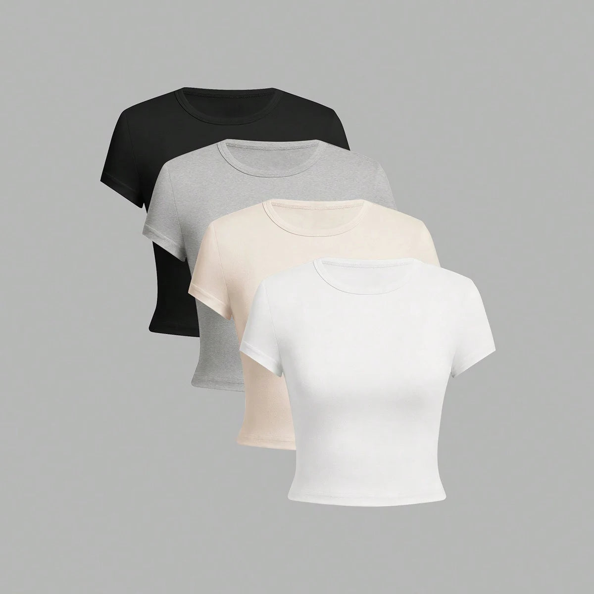 4 pieces Solid color basic short sleeved tight fitting T-shirt for women's casual summer minimalist women's style top O-neck Quick Pick Grocers